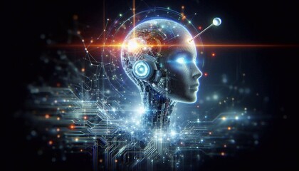 Obraz premium Floating robotic head with glowing eyes and antenna, symbolizing AI technology