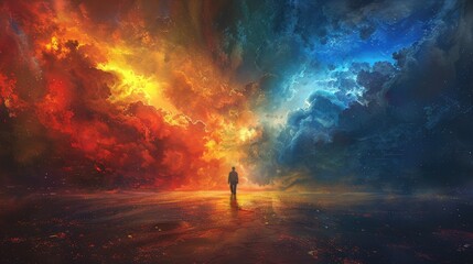 Obraz premium Decision-making moment amid contrasting worlds of light and darkness in a vast landscape