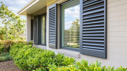 Outside shutters and roller blinds on windows of a modern home, enhancing privacy while...