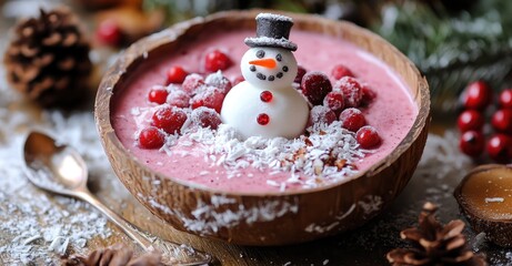 Naklejka premium Winter Christmas Smoothie Bowl with Coconut and Snowman. AI generated illustration.