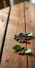 Wooden table with a few coffee beans and some leaves tucked between the slats, beans, table, branch