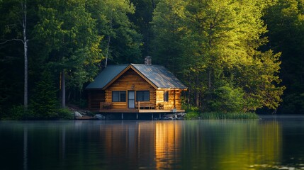 Obraz premium Secluded log cabin on tranquil lake at sunrise.