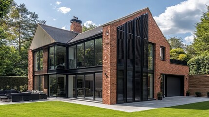 Stylish outside shutters on contemporary windows, adding a touch of elegance and privacy to the...