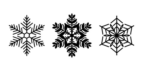 Beautiful snowflakes set, detailed hand drawn flat vector line illustration. Graphic outline drawing. Christmas and New Year symbol. Unique snowflake silhouette icon for frosty winter designs.