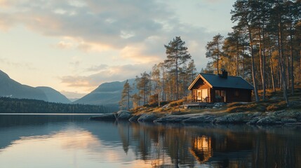 Fototapeta premium Secluded cabin by serene lake at sunset.