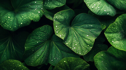 Fototapeta premium Close up of several fresh green leaves with visible water droplets