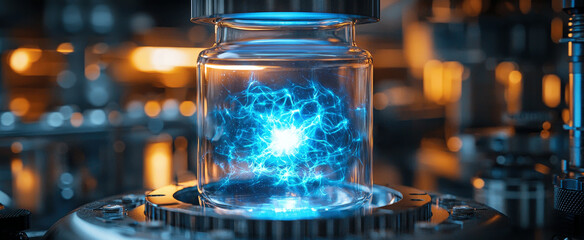 Nuclear fusion energy in glass flask, blue glowing plasma in lab, quantum facility closeup. Theme of science, reactor, research, power