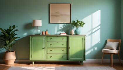 Wood sideboard in green living room with copy space