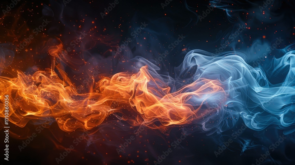 Poster abstract representation of fire and ice, showcasing contrasting elements and flowing textures.