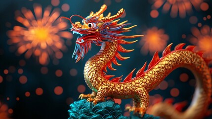Obraz premium Golden Dragon Figurine Chinese New Year Festive Firework Background