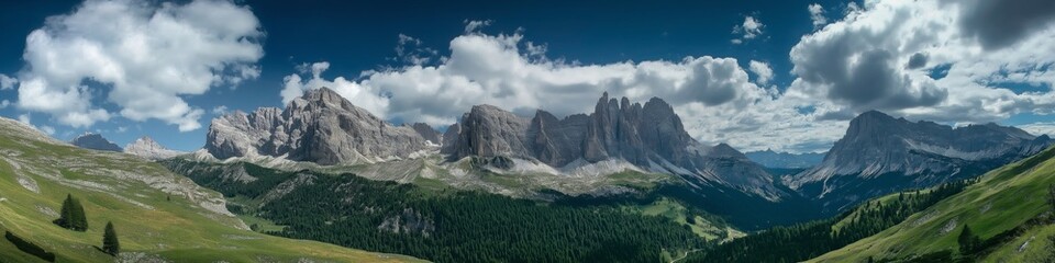 Obraz premium A panoramic view of a mountain range with a cloudy sky. The mountains are covered in trees and the sky is overcast