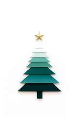 Obraz premium Layered Christmas tree in gradient green tones with a gold star, set against a white minimalist background.