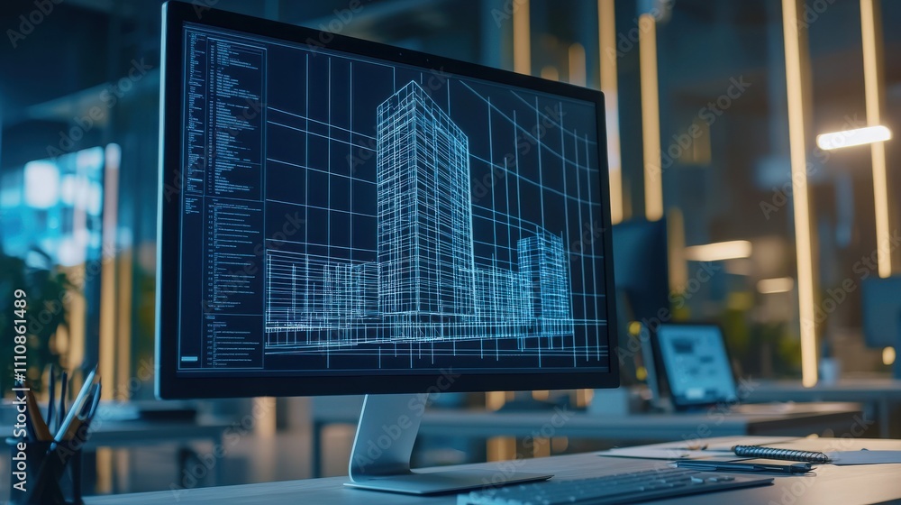 Poster a sleek computer monitor displays architectural blueprints of a modern skyscraper in a sophisticated