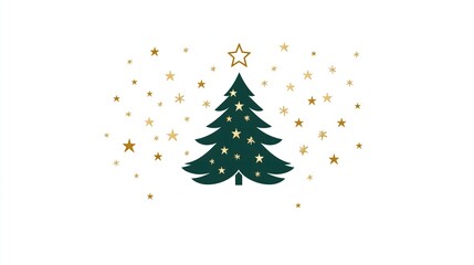 Festive Christmas card with a decorated green tree surrounded by golden stars on a clean white background.