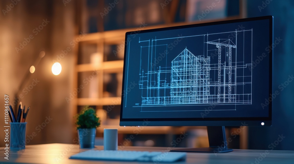 Poster a modern workspace featuring a computer displaying architectural blueprints, with cozy ambient light