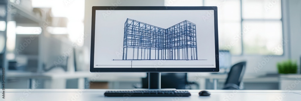 Poster a modern workspace featuring a computer display with architectural designs, surrounded by a bright a