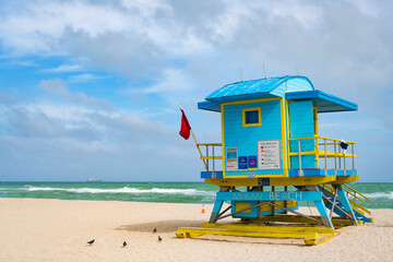 Lifeguard tower in South beach. Summer vacation. Sea vacation in summer. Copy space. Lifeguard hut...