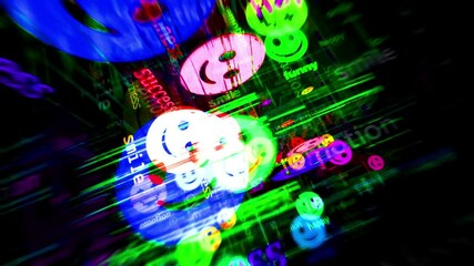 Smile emoji face happy emoticon symbol technology loop concept. Abstract sign on glitch screens seamless and looped.