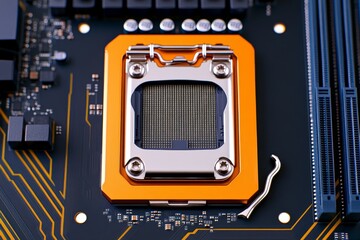 A dynamic image of a CPU socket on a motherboard, with the lid open and ready for installation