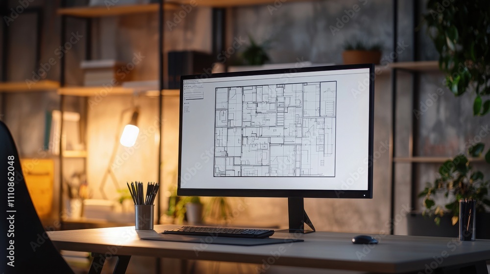 Poster a modern workspace featuring a computer displaying architectural plans, complemented by a stylish de