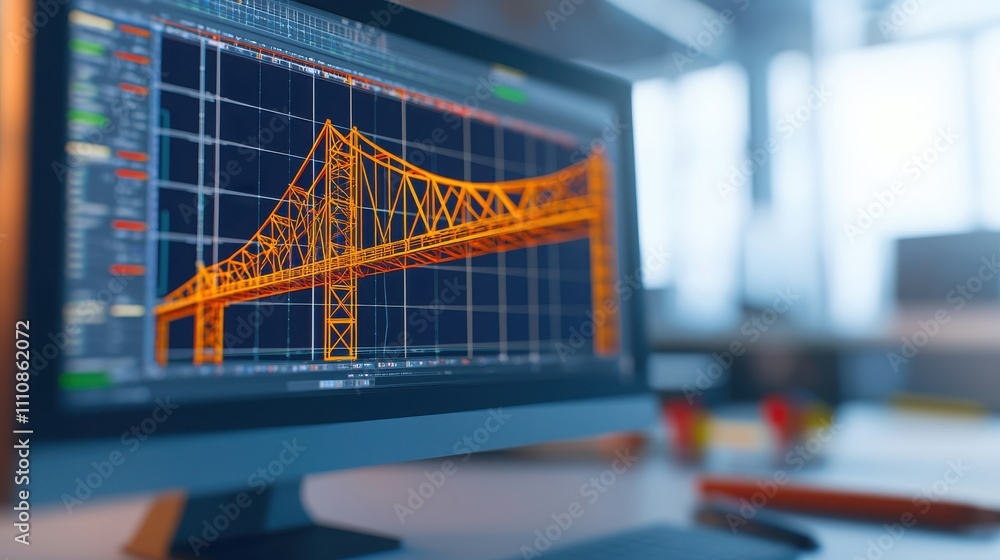Poster a computer screen displays a detailed engineering design of a bridge, showcasing vibrant orange line