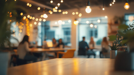 A cozy caf? setting with warm lighting and people socializing.