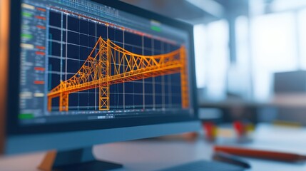 A computer screen displays a detailed engineering design of a bridge, showcasing vibrant orange lines against a grid background in a modern workspace.