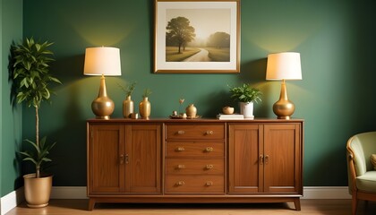 Wood sideboard in green living room with copy space