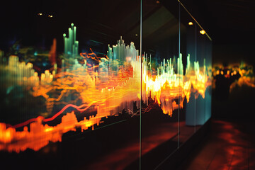 vibrant holographic display showcasing carbon emissions data with colorful waveforms and dynamic visualizations. artwork emphasizes environmental awareness and technology