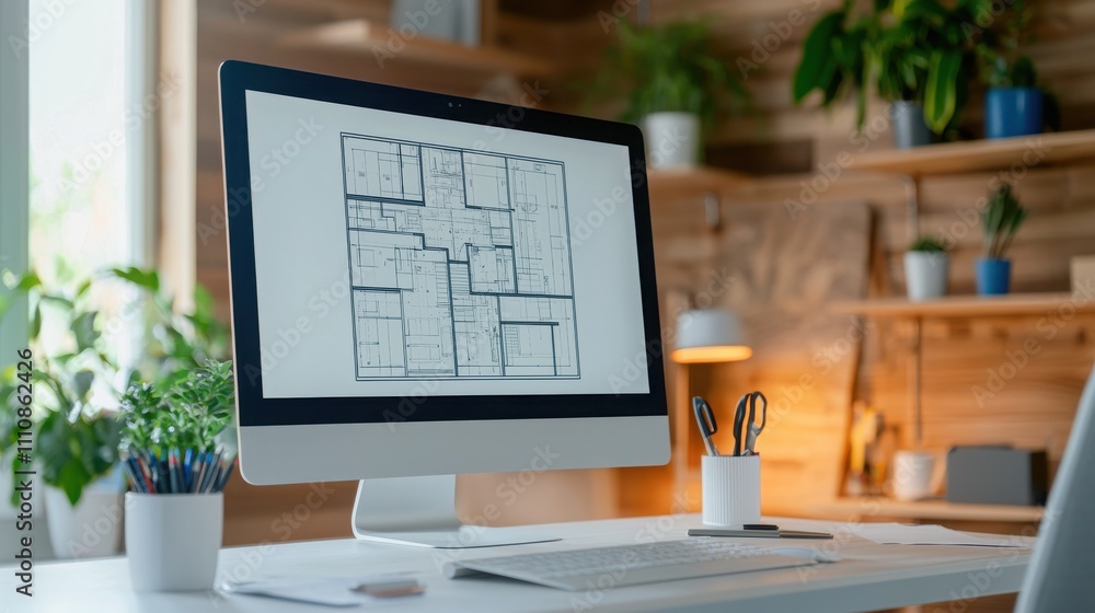 Poster a modern workspace featuring a computer displaying architectural plans, surrounded by greenery and w