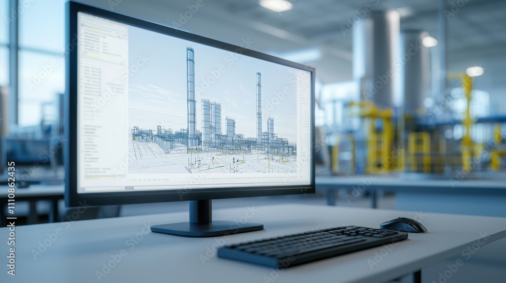 Aufkleber a computer monitor displays an industrial site design in a modern workspace, featuring a keyboard an
