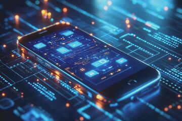 Fototapeta premium Modern smartphone design is placed on a blue background with a digital theme showing various icons.