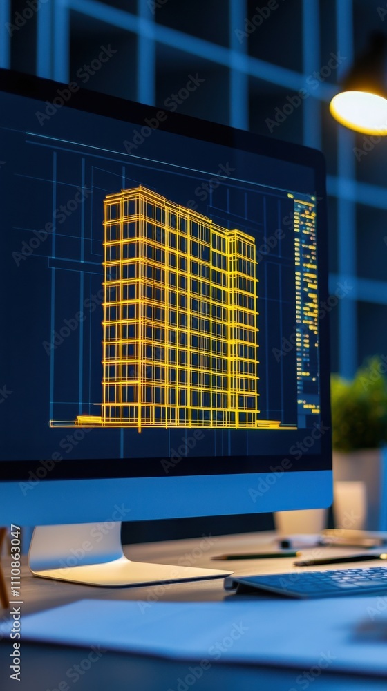 Poster a computer screen displays a 3d architectural model of a building in a dark office environment, illu