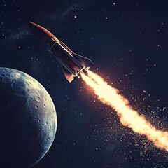 Obraz premium Rocket Paper Art red Vector and illustration flying rocket.Space travel to the moon.Space rocket launch.Project start up Solar System and text space