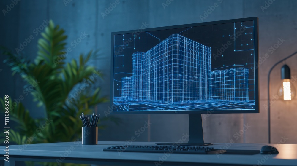 Poster a sleek desktop monitor displays a blue wireframe model of a building, surrounded by modern decor an