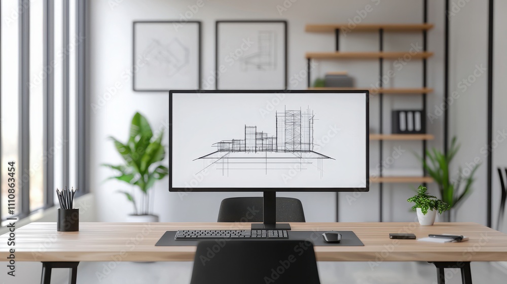 Fototapete A modern workspace featuring a computer displaying architectural sketches, surrounded by plants and minimalist decor.