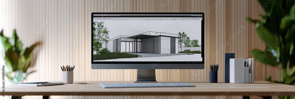 Poster a modern workspace featuring a computer displaying architectural designs, surrounded by plants and o