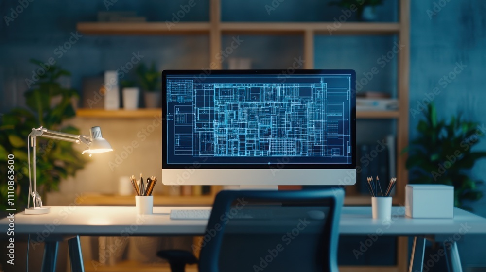 Aufkleber a modern workspace featuring a computer displaying architectural designs, illuminated by a desk lamp