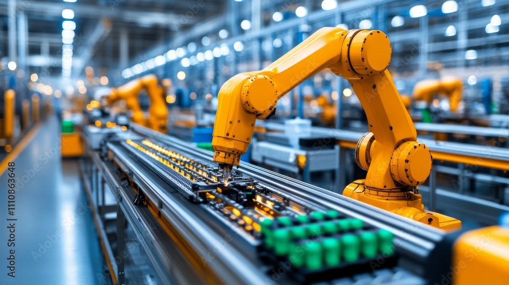 Poster modern factory floor with robotic arm in action