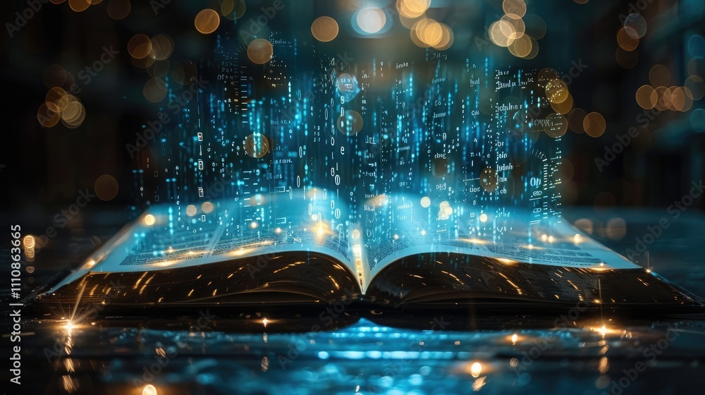 Poster an open book with glowing text and digital elements, symbolizing knowledge and technology.
