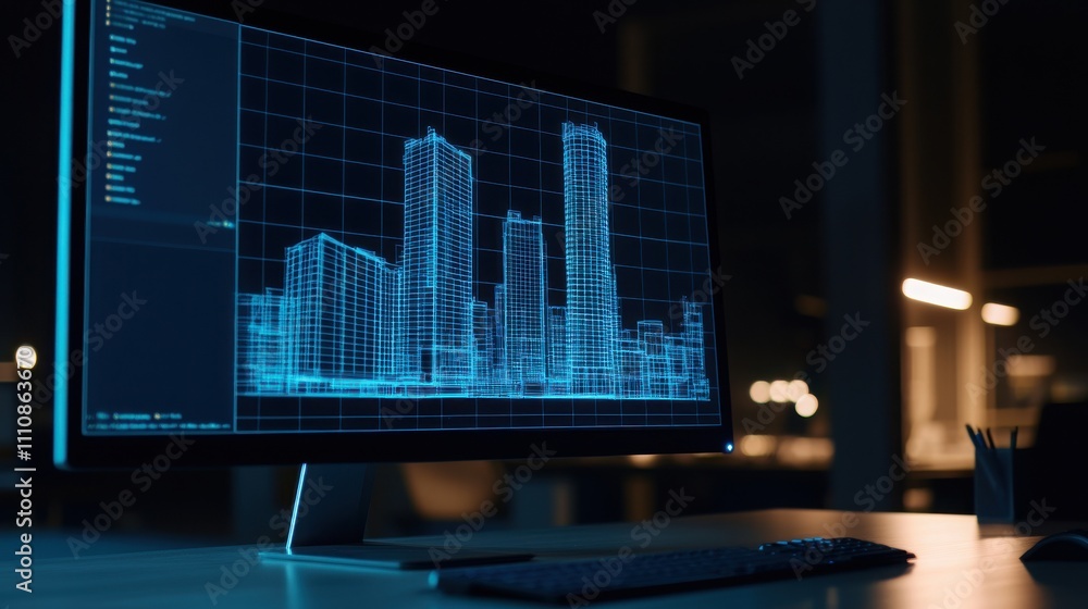 Poster a computer screen displays a blueprints-style architectural design of modern skyscrapers in a dimly 
