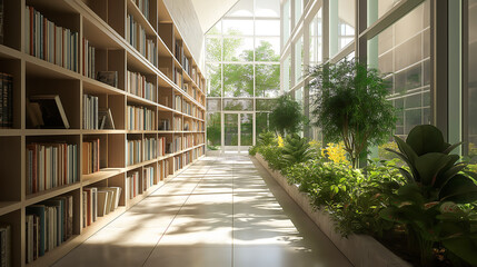 Quiet library corridor lined with shelves of books