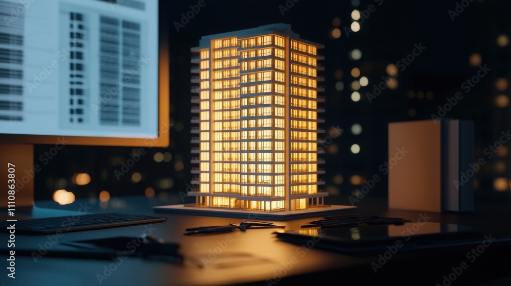 Poster a glowing architectural model of a multi-story building sits on a desk, surrounded by digital device