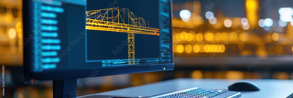 Aufkleber a computer screen displaying engineering graphics of a crane, set against a softly lit industrial ba