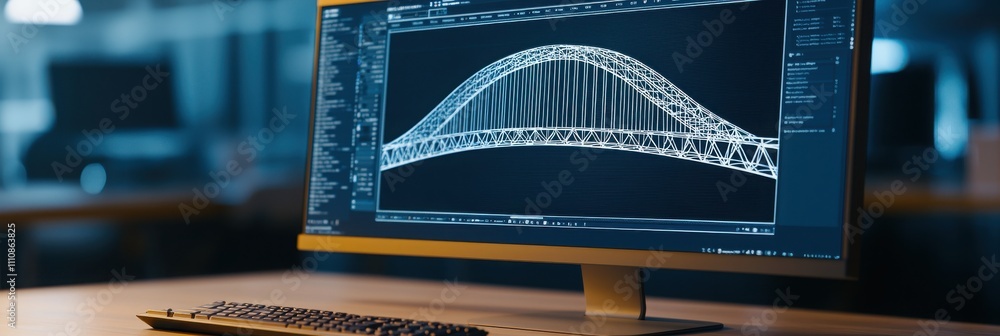 Poster a computer monitor displays a digital bridge design, showcasing intricate lines and a modern aesthet