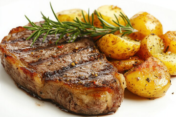 A delicious plate featuring grilled steak and roasted potatoes garnished with rosemary.