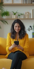 Obraz premium A woman in a yellow shirt is sitting on a couch and looking at her cell phone. She is happy and content