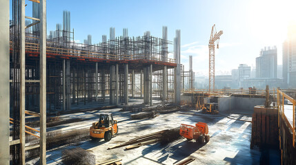 A large building construction site, Steel structural forming the framework of the building. The construction process
