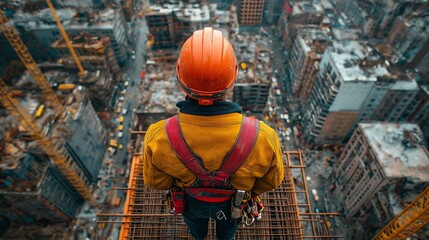 High-angle view of a construction worker in safety gear atop a skyscraper with an urban cityscape, ideal for industrial content, safety campaigns, and modern city visuals in bold and industrial tones