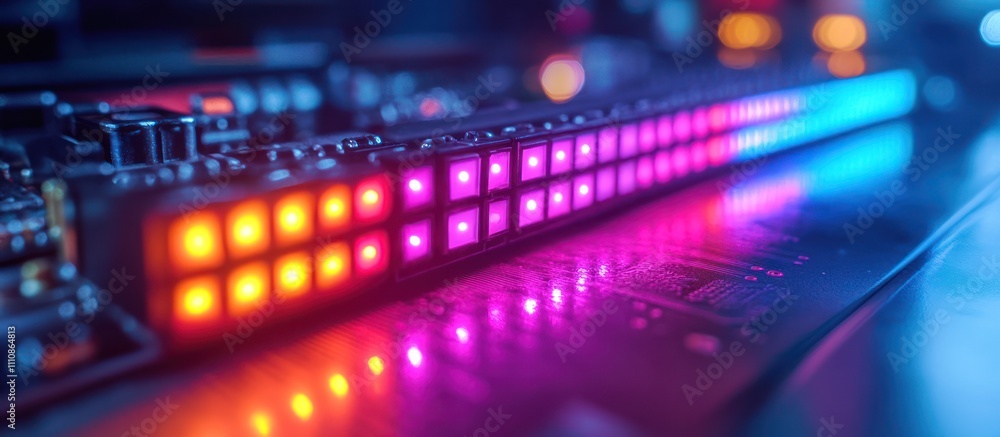 Poster close-up of a circuit board with a strip of colorful led lights, illuminating the surface in vibrant